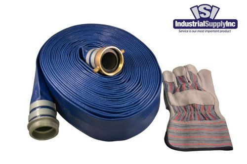 2&#034; x 100Ft Blue Water Discharge Hose Pin Lug w/Striped Leather Gloves (FS)