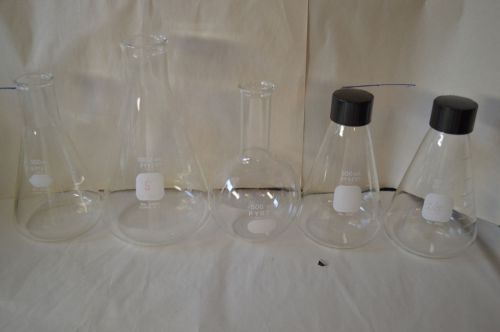 Set of 5 Kimax &amp; Pyrex  Lab Flasks - 1000ml, 500ml #846