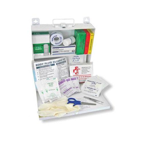 Swift first aid all in one cpr and body fluid clean up kit in steel box for sale