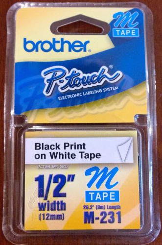 Brother P-touch M231 black print on white tape 1/2 inch, (12mm)