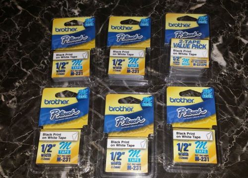 Brother P-touch M-231 Black on White 1/2&#034; tape Lot of 5 packs and 1 2-tape valu