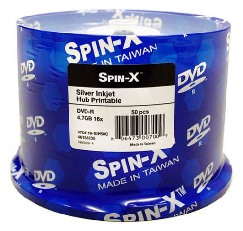 100 spin-x 16x dvd-r silver inkjet hub printable blank recordable dvd media disk for sale