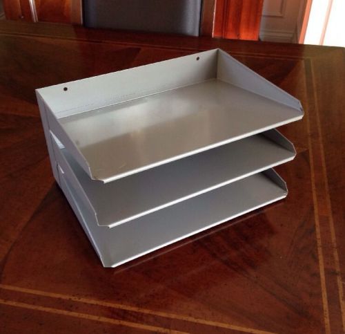 Vintage gray metal letter paper file tray office desk organizer sorter 3 tier for sale