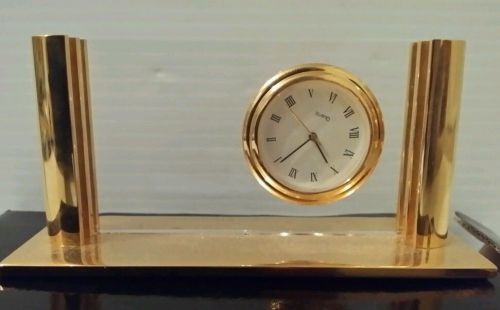 Elegant desk clock and card holder -goldtone for sale