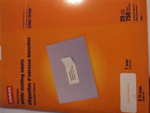 New staples white mailing labels 18054 1&#034;x2-5/8&#034; 3750 labels (bin c) for sale