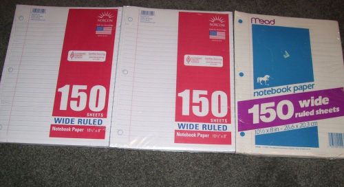 LOT 3 PACKS 150 WIDE RULED SHEETS  NOTEBOOK PAPER 10.5 X 8&#034;.  TOTAL OF 450 P
