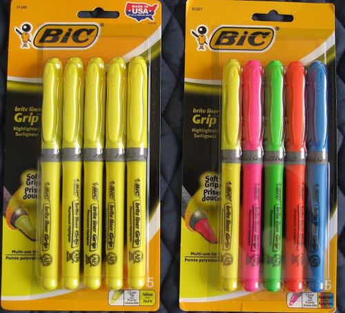 10 Bic Brite Liner Grip Fluorescent Highlighter (Assorted 5/Pack +Yellow 5/Pack)