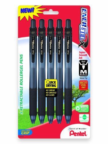 Energel Retractable Liquid Gel Pen 0.7mm Metal Tip Medium Black Ink 5 Pack