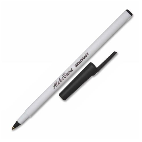 Skilcraft alpha basic round barrel stick pen - black ink - white (nsn4845267) for sale
