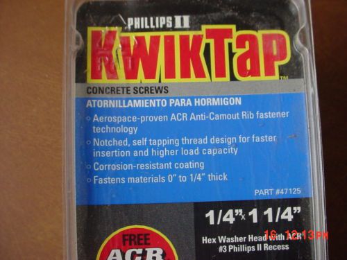 275 new 1/4 x 1 1/4 kwiktap philips hexhead concrete anchors with  several bits for sale