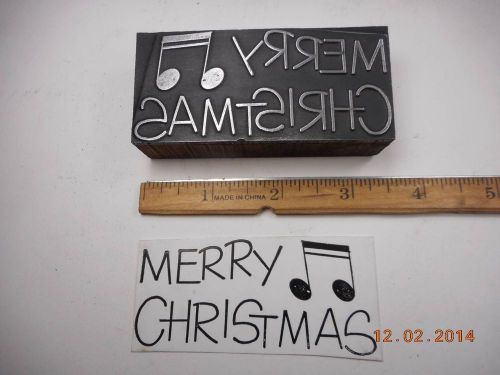 Letterpress Printing Printers Block, Merry Christmas, words w Music Note