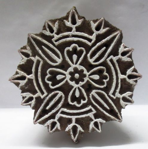 INDIAN WOODEN HAND CARVED TEXTILE PRINTING FABRIC BLOCK STAMP ROUND CARVING FINE
