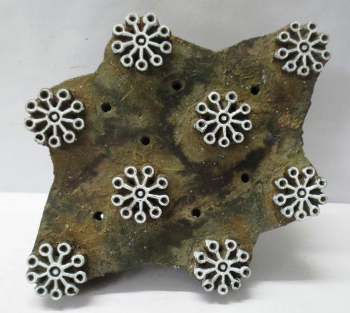 VINTAGE WOODEN HAND CARVED TEXTILE PRINTING FABRIC BLOCK STAMP SNOW FLAKE PRINT
