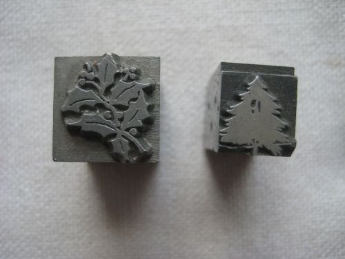 2 Vintage/Antique Letterpress Printing Cut  Holly &amp; Xmas Trees