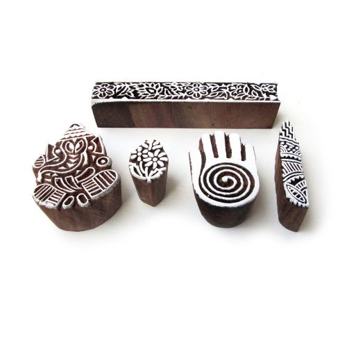 Indian handcarved floral and religious designs wooden printing blocks (set of 5) for sale