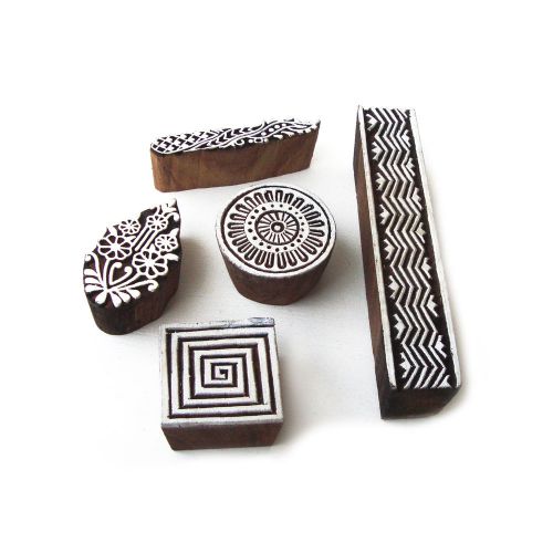 Hand carved geometric &amp; spiral pattern wooden printing tags (set of 5) for sale