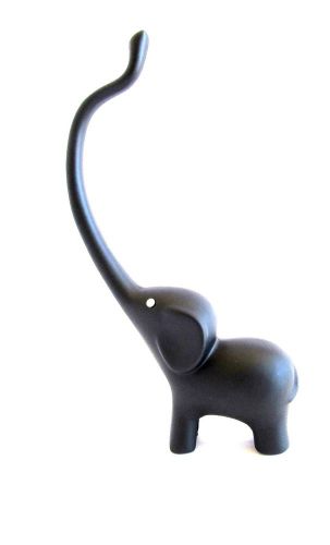 Black plated elephant with long trunk ring holder - boxed for sale