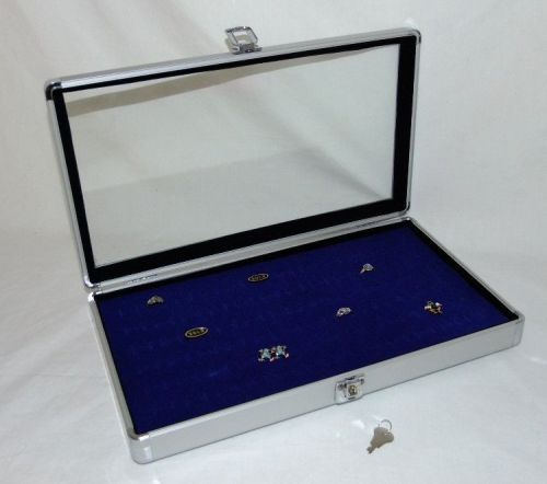 ALUMINUM LOCKABLE CASE WITH GLASS WINDOW FOR 72 RINGS BLUE