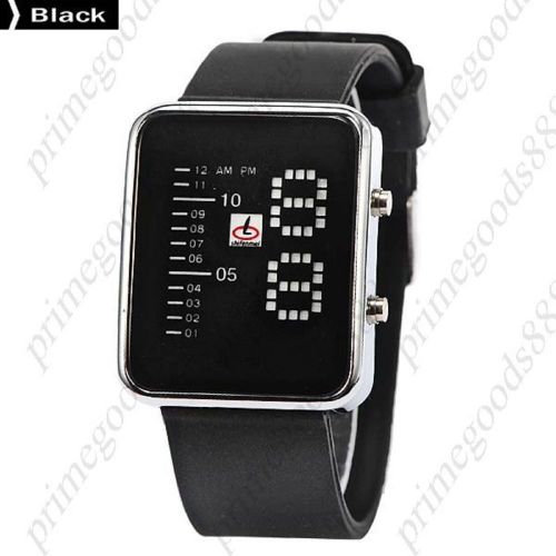 Unisex Digital Square Dial Blue LED Wrist Wristwatch Silicon Band in Black