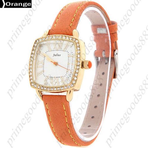 Square Rhinestone Genuine Leather Lady Ladies Quartz Wristwatch Women&#039;s Orange