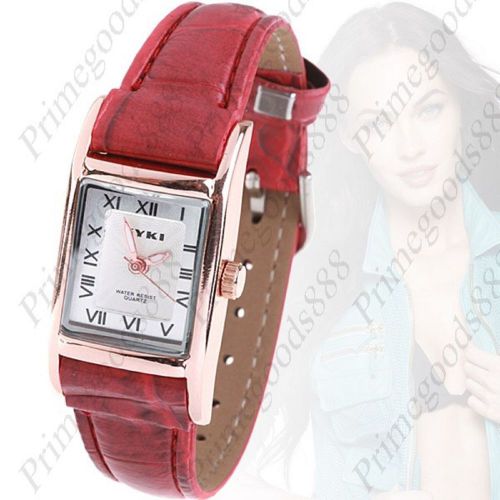 Square Faux Leather Wrist Lady Ladies Quartz Wristwatch Women&#039;s Gold Case Red