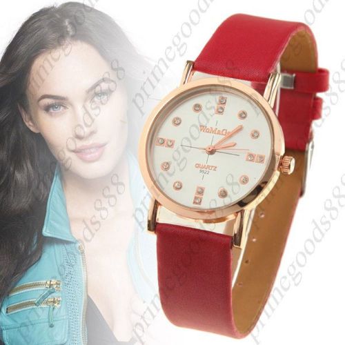 Shining Crystal Round Silver Face Analogue Leather Quartz Wristwatch Women&#039;s Red