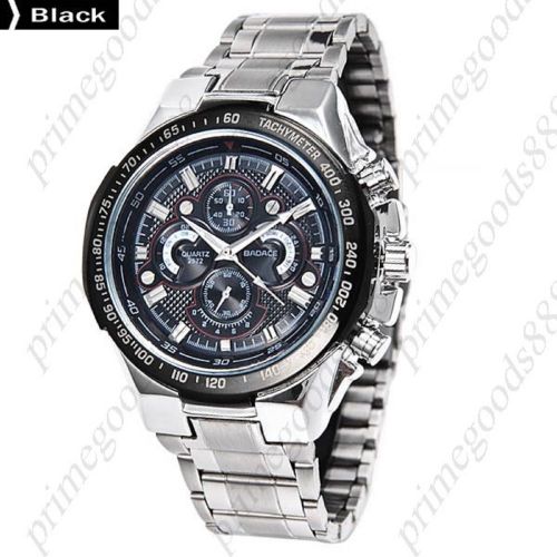 Silver Case Stainless Steel 2 Sub Dial Analog Wrist Men&#039;s Wristwatch Black Face