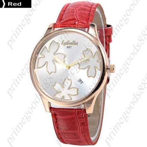 Gold Flowers PU Leather Lady Ladies Wrist Analog Quartz Wristwatch Women&#039;s Red