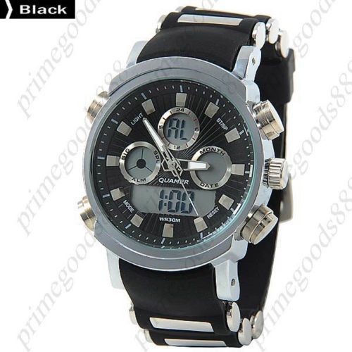 LCD LED Waterproof Analog Digital Quartz Alarm Date Men&#039;s Wristwatch Black