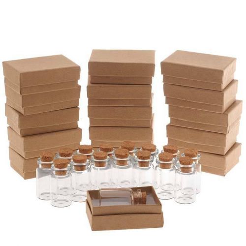 Clear glass bottle with cork 40x22mm and kraft brown jewelry boxes (16 each) for sale