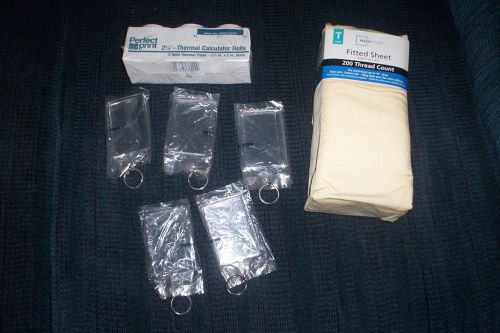 fitted sheet (twin), keychain picture holders, thermal calulator paper rolls
