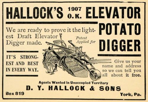 1907 ad d y hallock sons elevator potato digger machine - original cg1 for sale