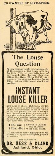 1907 ad dr hess cow lice instant louse killer ashland - original advertising cg1 for sale