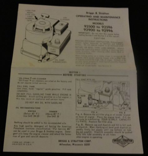 Vintage Briggs &amp; Stratton Operating Instructions -- Various Models Listed Below