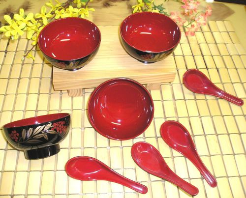4 PC Japanese Lacquer Rice Miso Soup Bowls with Cherry + 4 PC Red/Black Spoons
