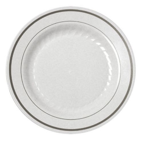 Pack of 15 Plastic China 6&#034; Dessert / Appetizer Plate WHITE with Silver Band