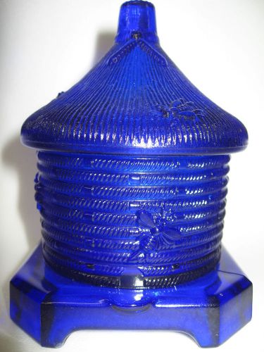 Cobalt Blue glass serving honey pot bee hive pattern jar boyd dish keeper / BOYD