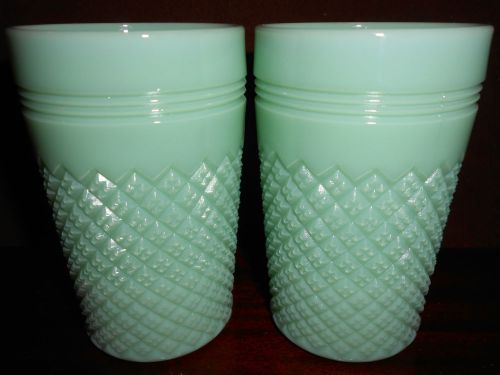 pair of Jadeite green milk glass diamond pattern tumbler cups goblet jadite jade