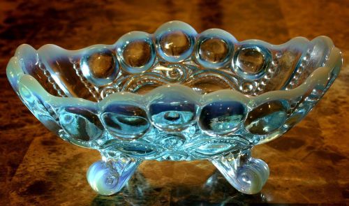 Blue Opalescent Glass Eyewinker Pattern nut - candy dish