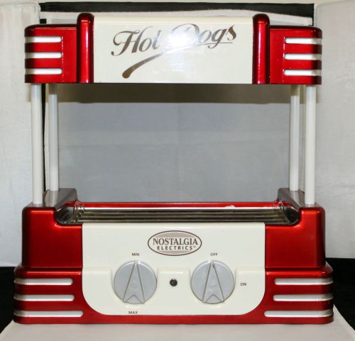 Nostalgia electrics hot dog roller grill cooker w bun warmer red &amp; white helman for sale