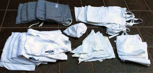 LOT OF CHEF&#039;S CLOTHES 23 PIECES PANTS SLACKS APRONS HATS SHIRTS NAPKINS