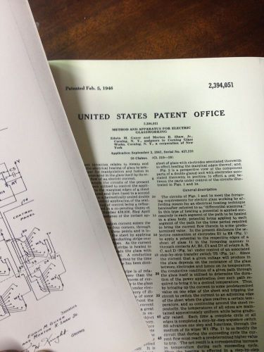 VINTAGE US UNITED STATES PATENT OFFICE APPARATUS ELECTRIC GLASS WORKING FEB 1946