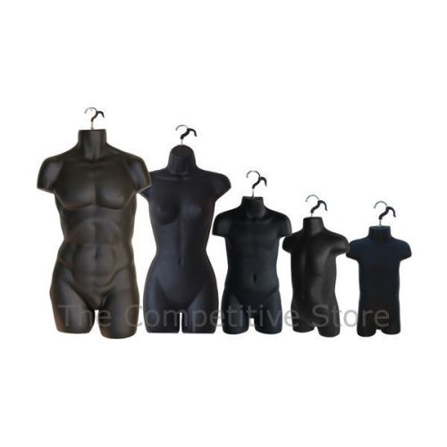 5 black mannequin display forms - female + male + child + toddler and infant for sale