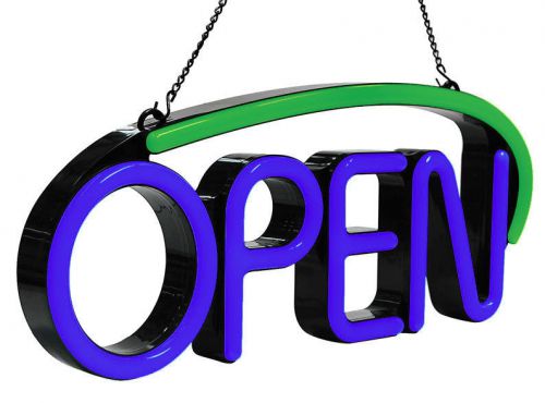 Injection mold led open sign - blue letters / green swoosh for sale