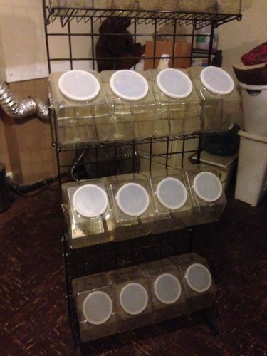wired rack with 4 adjustable shelves &amp;  20 plastic bins w/lids