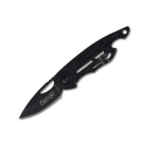 Fury Nexus Aluminum Handle Folding Knife w/ Money Clip &amp; Bottle Opener, Black, 3
