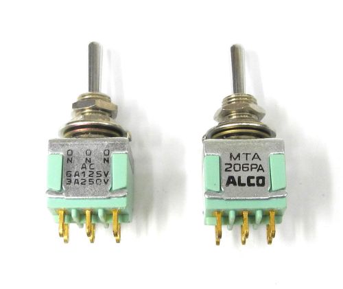 Lot two alco mta206pa sp3t on-on-on 1/4&#034; flat handle mini toggle switches. ms for sale