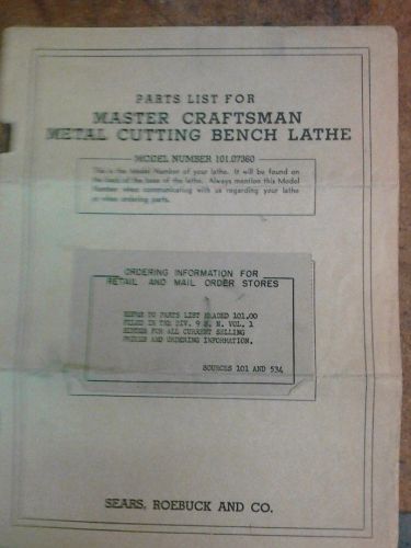 SEARS CRAFTSMAN PARTS LIST FOR METAL CUTTING BENCH LATHE