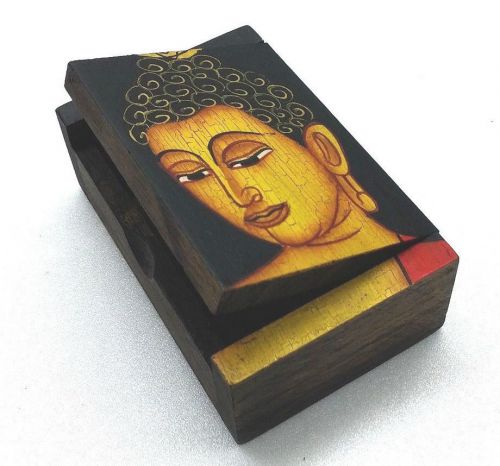 PRIMITIVE HANDCRAFT TEAK WOODEN BOX NAMECARD HOLDER PAINT BUDDHA VINTAGE STYLE