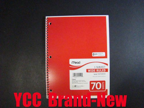 Mead Spiral Notebook,1 subject,70 sheets,wide ruled,red cover,10.5 x 8 in,1 pk